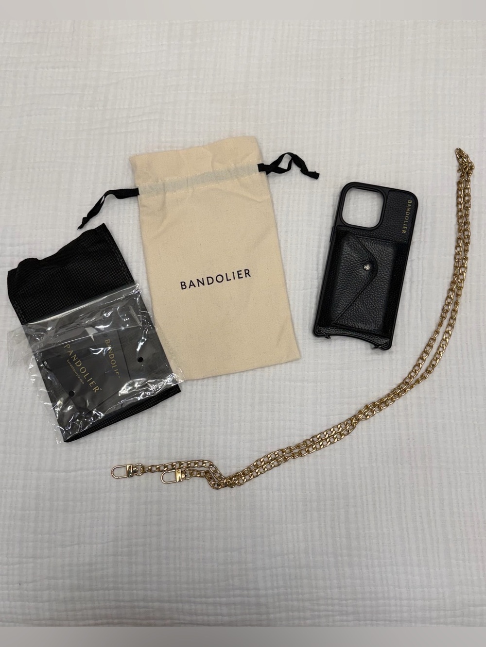 Bandolier Black Leather Phone Case with Gold Chain Strap